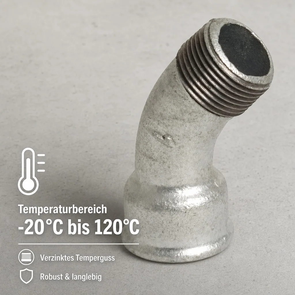 Gewindefitting, Temperguss Bogen 45°, 2" IG x 2" AG, verzinkt
