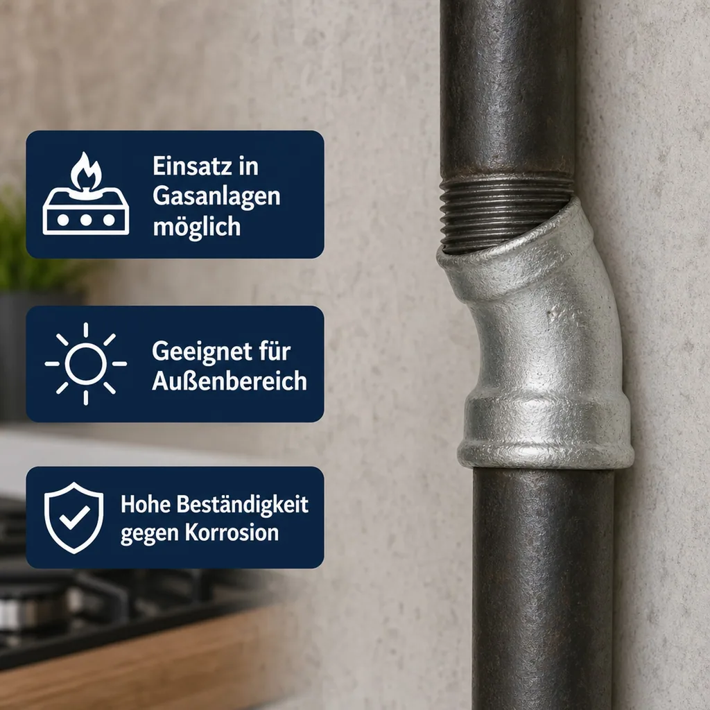 Gewindefitting, Temperguss Bogen 45°, 2" IG x 2" AG, verzinkt