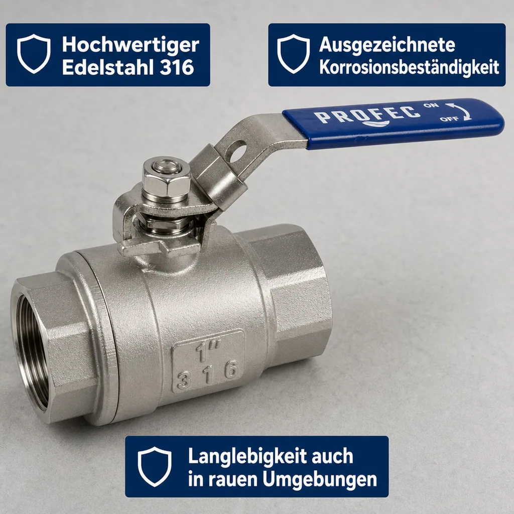 Kugelhahn Edelstahl, Wasserabsperrhahn, 1 1/2 Zoll Innengewinde, Edelstahl 316, 64 bar