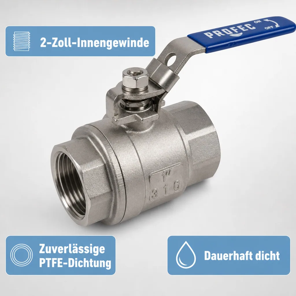 Kugelhahn Edelstahl, Absperrhahn Wasser, 2 Zoll Innengewinde, Hochdruck