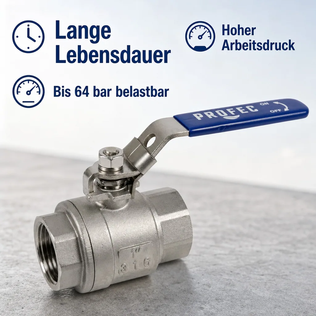 Kugelhahn Edelstahl, Absperrhahn Wasser, 2 Zoll Innengewinde, Hochdruck