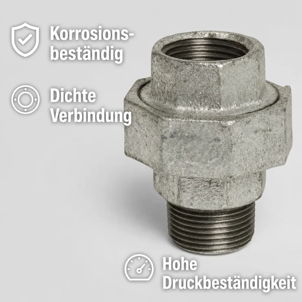 Gewindefitting Temperguss, Verschraubung konisch 3/4 Zoll IG x 3/4 Zoll AG, verzinkt