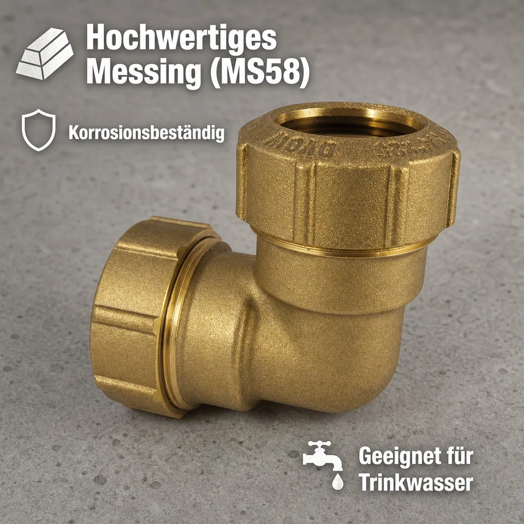 PE Rohr Verschraubung 32mm, Messing, Winkel 90°, Klemmverschraubung