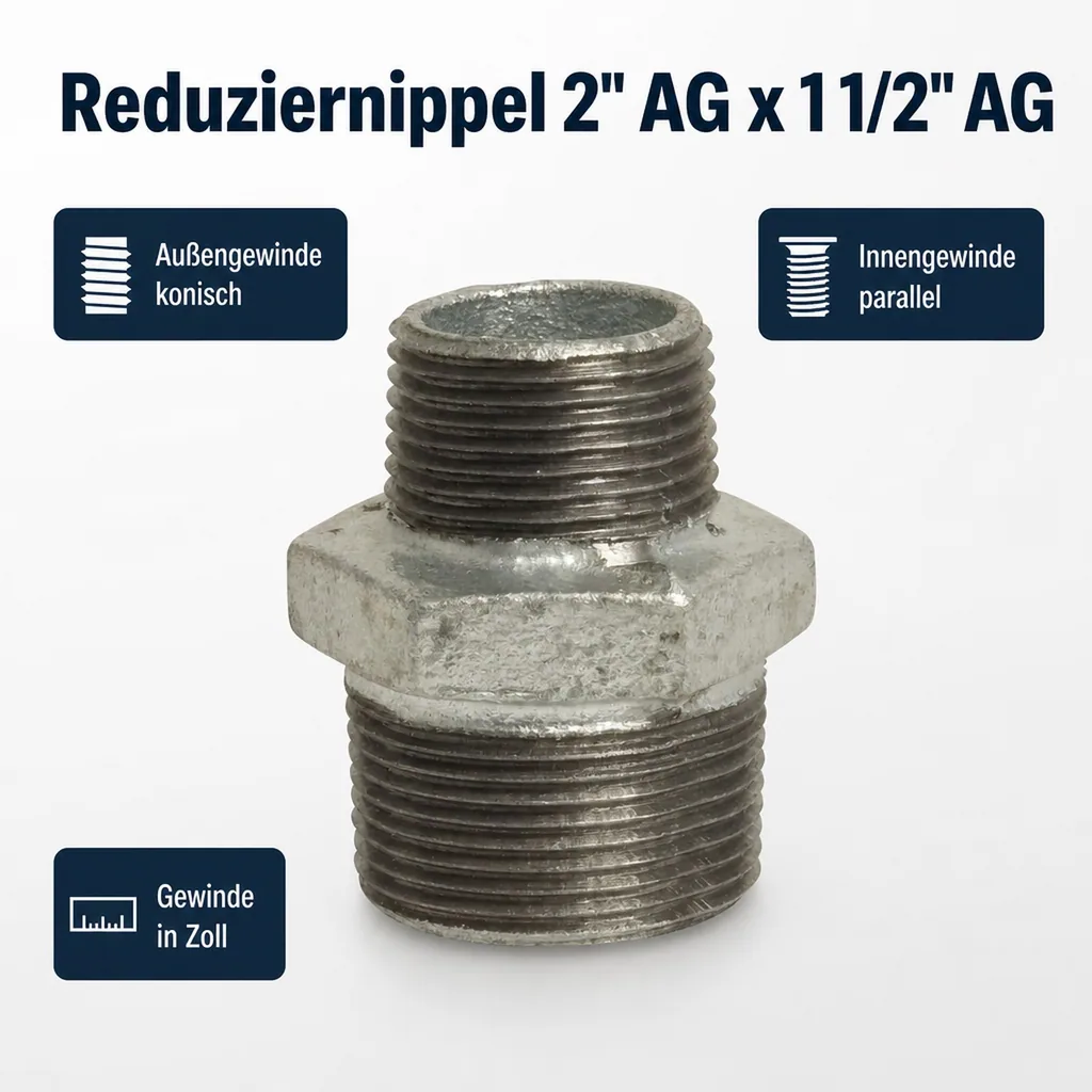 Gewindefitting Temperguss Reduziernippel 2" AG x 1 1/2" AG