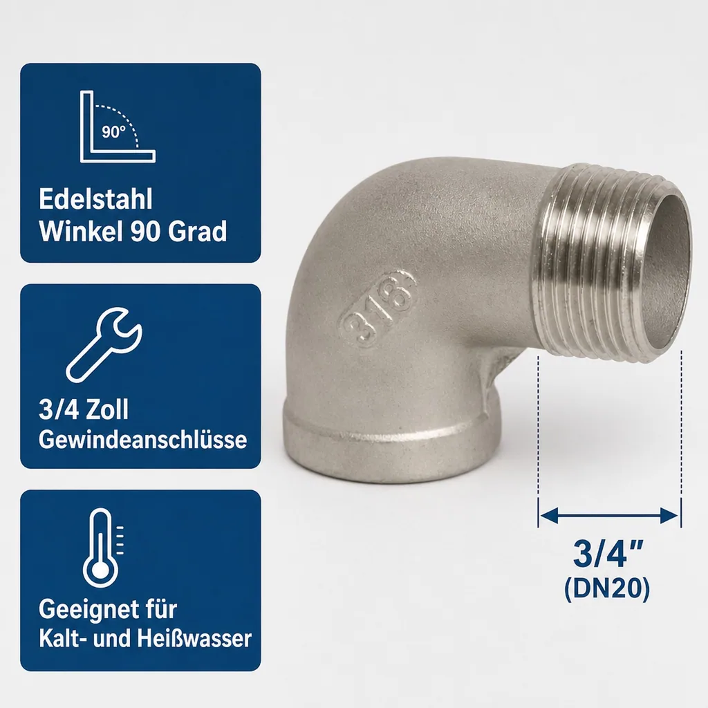 Edelstahl Winkel 90 Grad, Gewindefitting Edelstahl, Winkel 3/4 Zoll