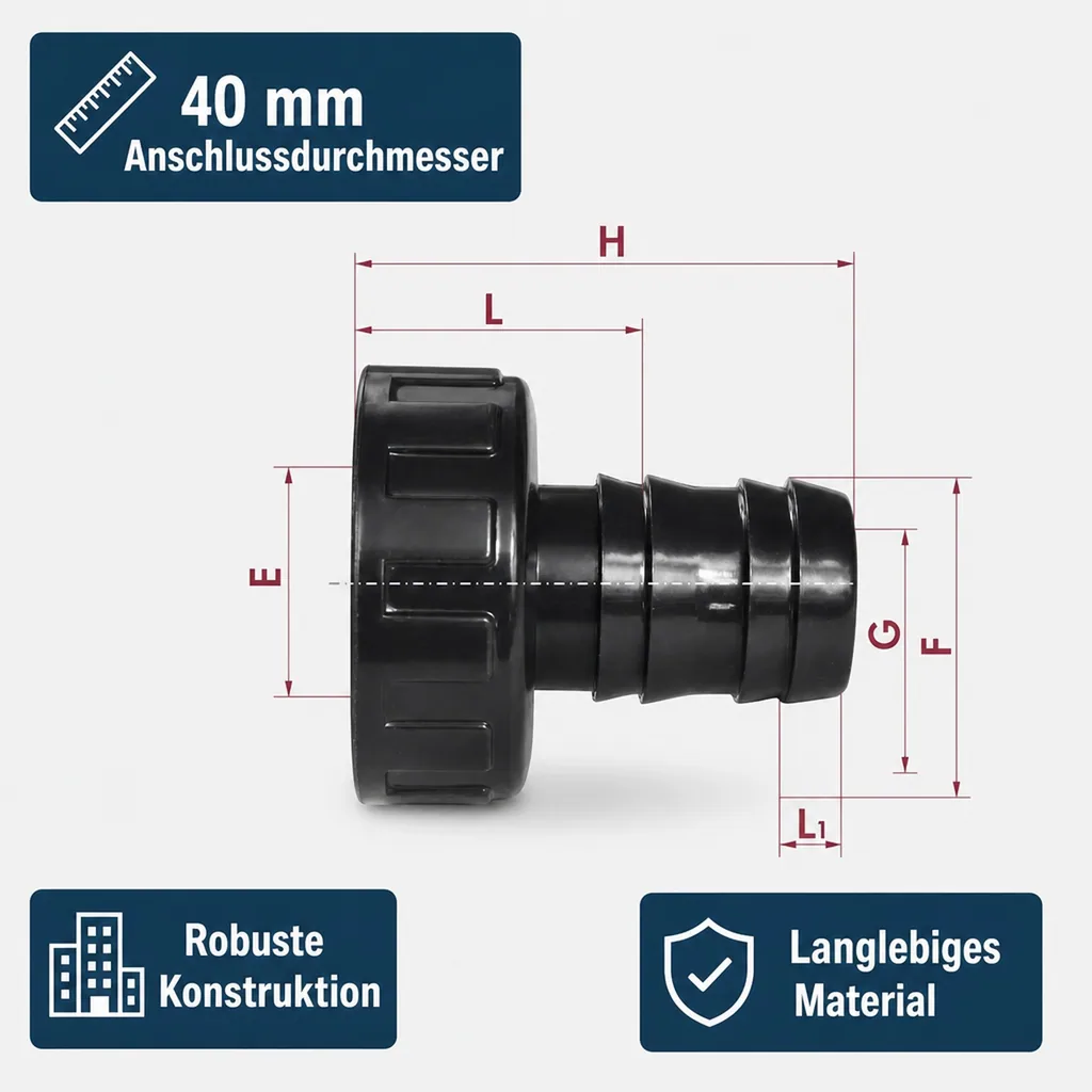 PVC Schlauchtülle mit Überwurfmutter 1½" IG x 40 mm