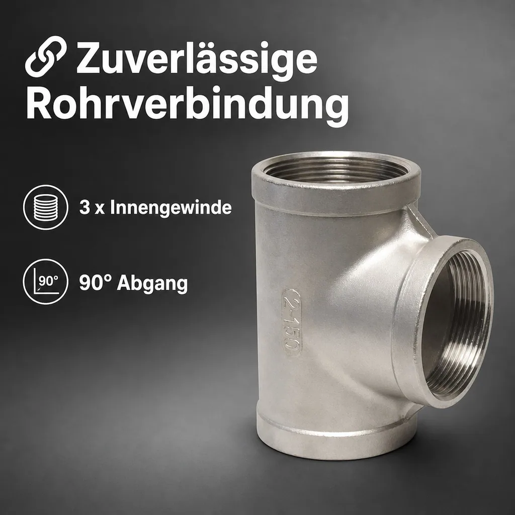 Edelstahl T-Stück, Gewindefitting, 90° 1/2" IG, V4A, Rohrverbinder