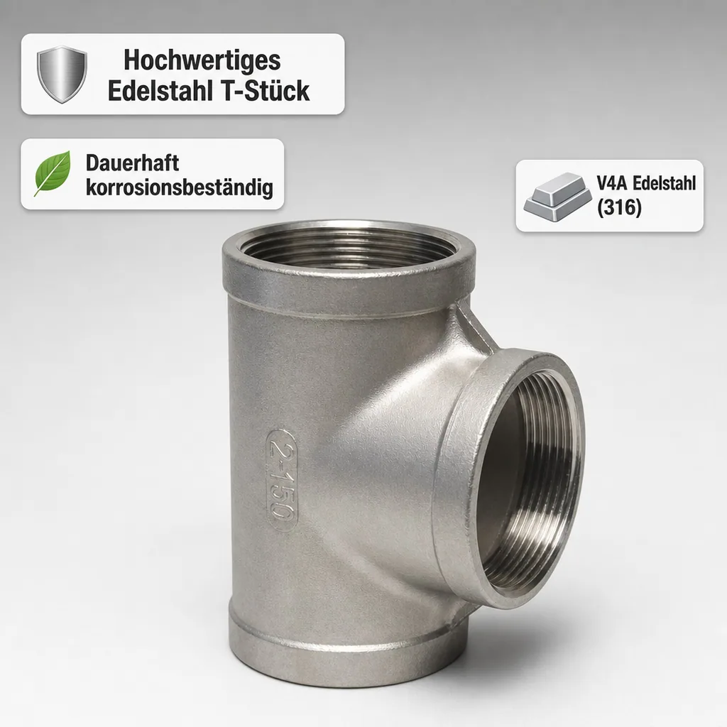 Edelstahl T-Stück, Gewindefitting, 90° 1/2" IG, V4A, Rohrverbinder