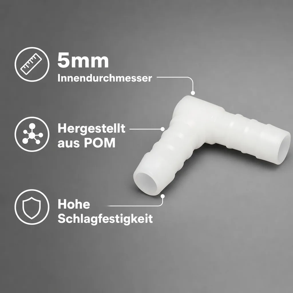 Schlauchverbinder 5mm, Kunststoffwinkel, 90 Grad Verbinder