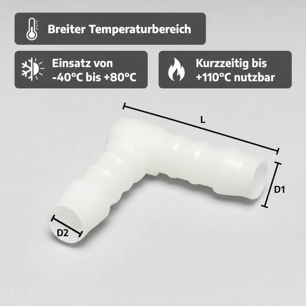 Schlauchverbinder 12mm, Winkel 90°, Kunststoff, Schlauchkupplung