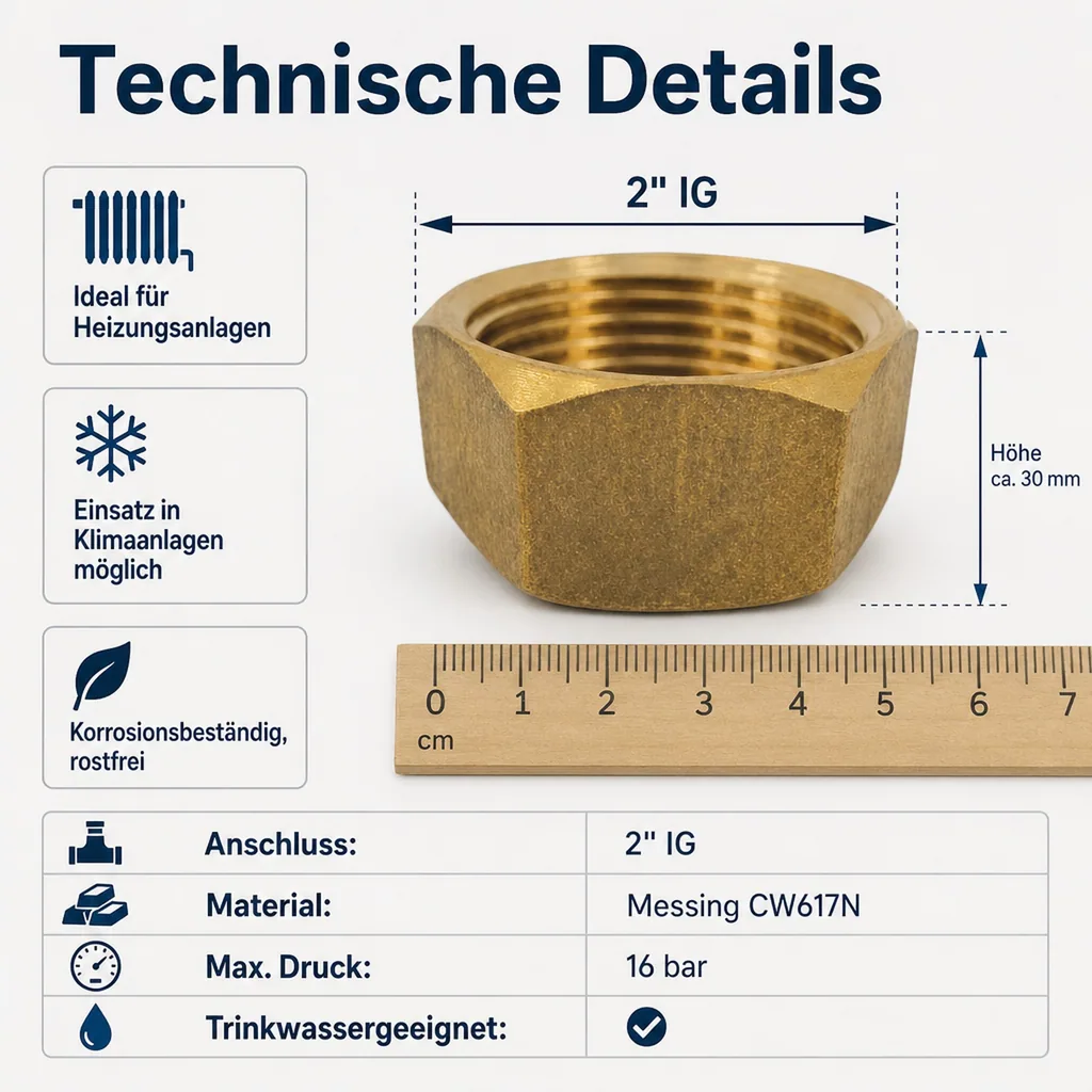 Gewindefitting Messing, 2" IG Kappe, Rohrverschraubung