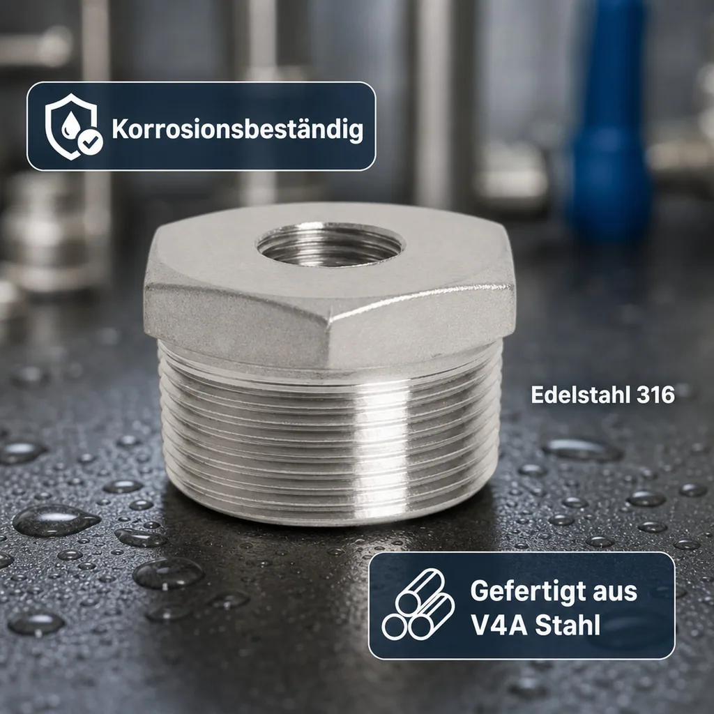 Edelstahl Reduzierstück, Gewindefitting Edelstahl, 1" AG x 3/4" IG, V4A, Reduzierverbinder
