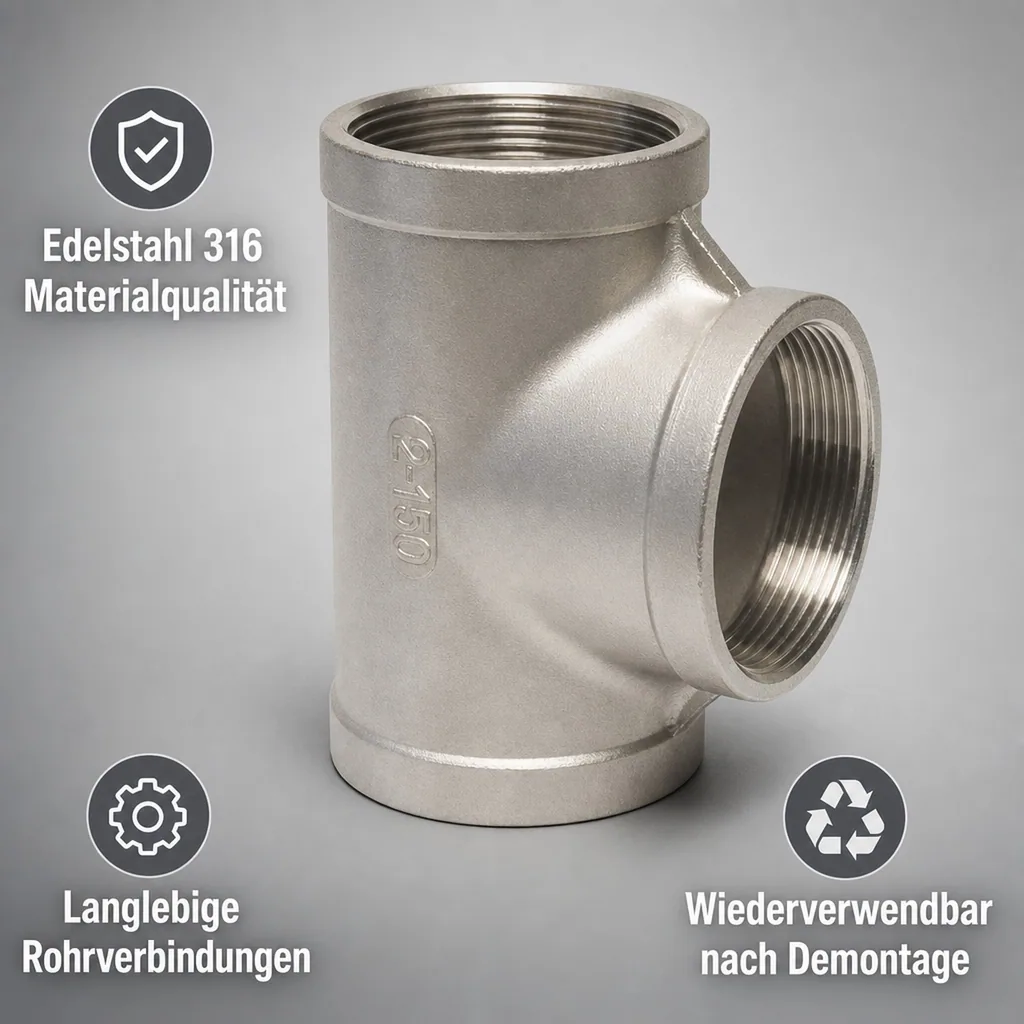 Edelstahl T-Stück, Gewinde T-Stück, 1/4 Zoll Innengewinde, V4A, 90 Grad