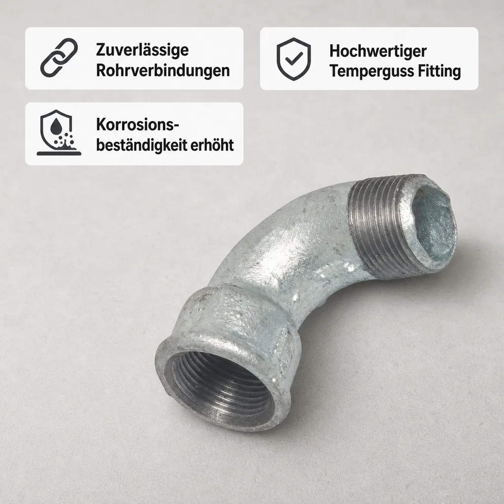 Gewindefitting Temperguss 90° kurz 1 1/4 Zoll, Bogen Fitting, verzinkt
