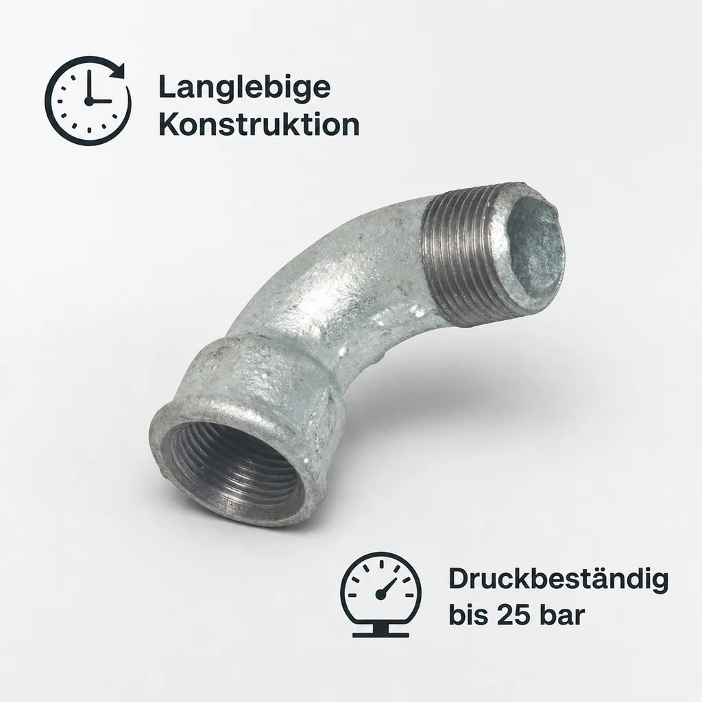 Gewindefitting Temperguss 90° kurz 1 1/4 Zoll, Bogen Fitting, verzinkt