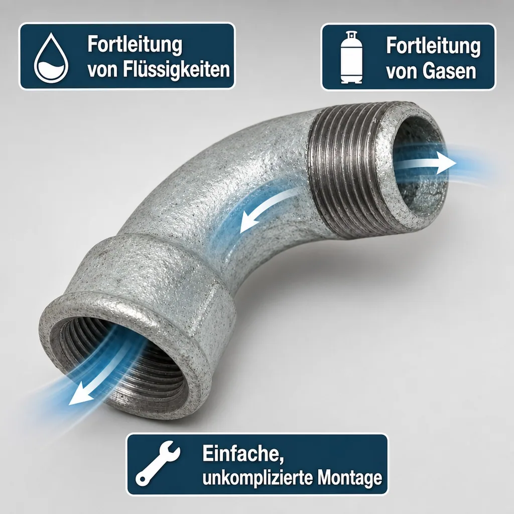 Gewindefitting Temperguss 90° kurz 1 1/4 Zoll, Bogen Fitting, verzinkt