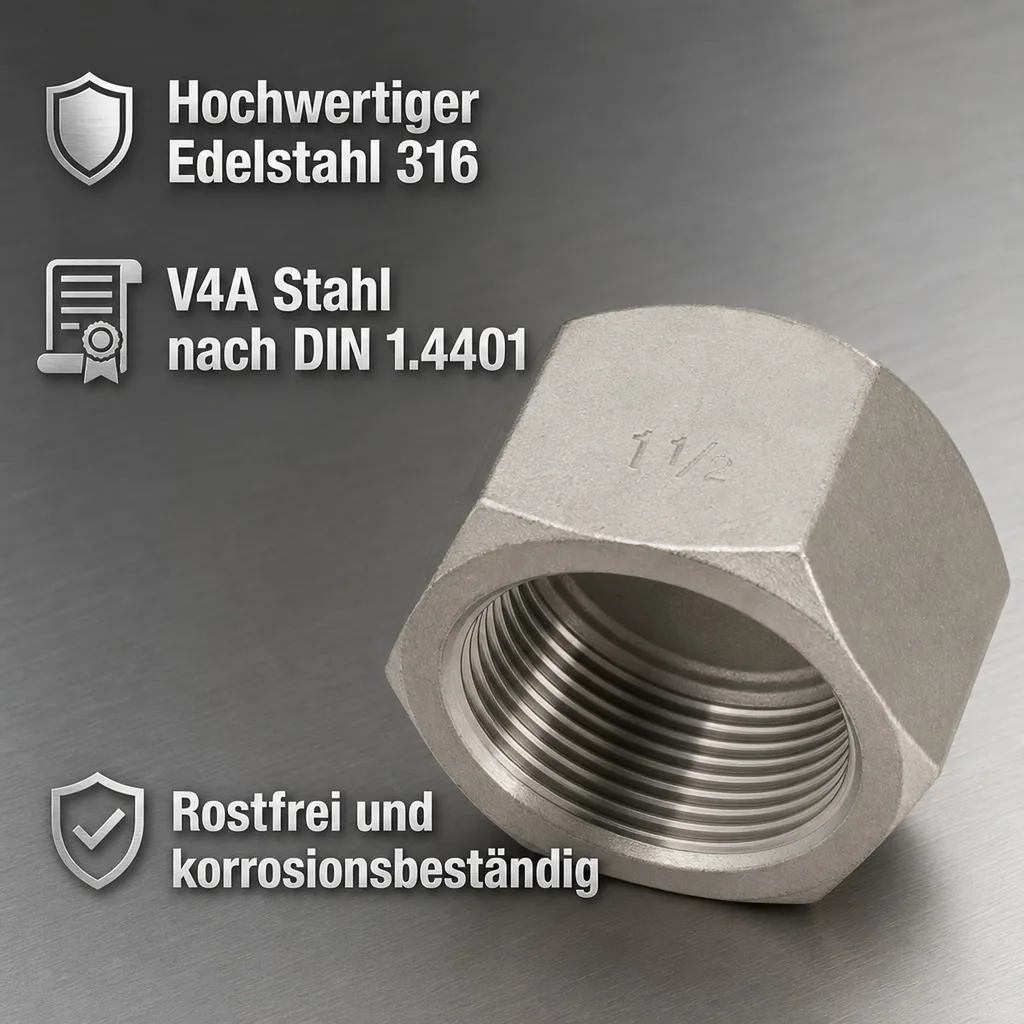 Gewindefitting Edelstahl Kappe 1 1/2" IG 10bar