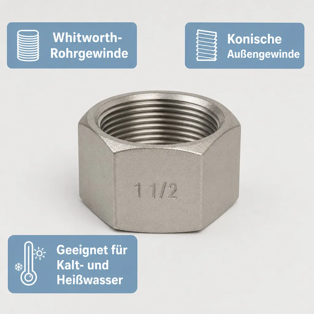 Gewindefitting Edelstahl Kappe 1 1/2" IG 10bar