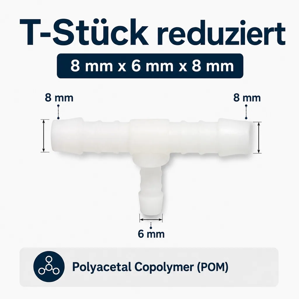 Schlauchverbinder, T-Stück reduziert, Kunststoff, 8 mm x 6 mm x 8 mm