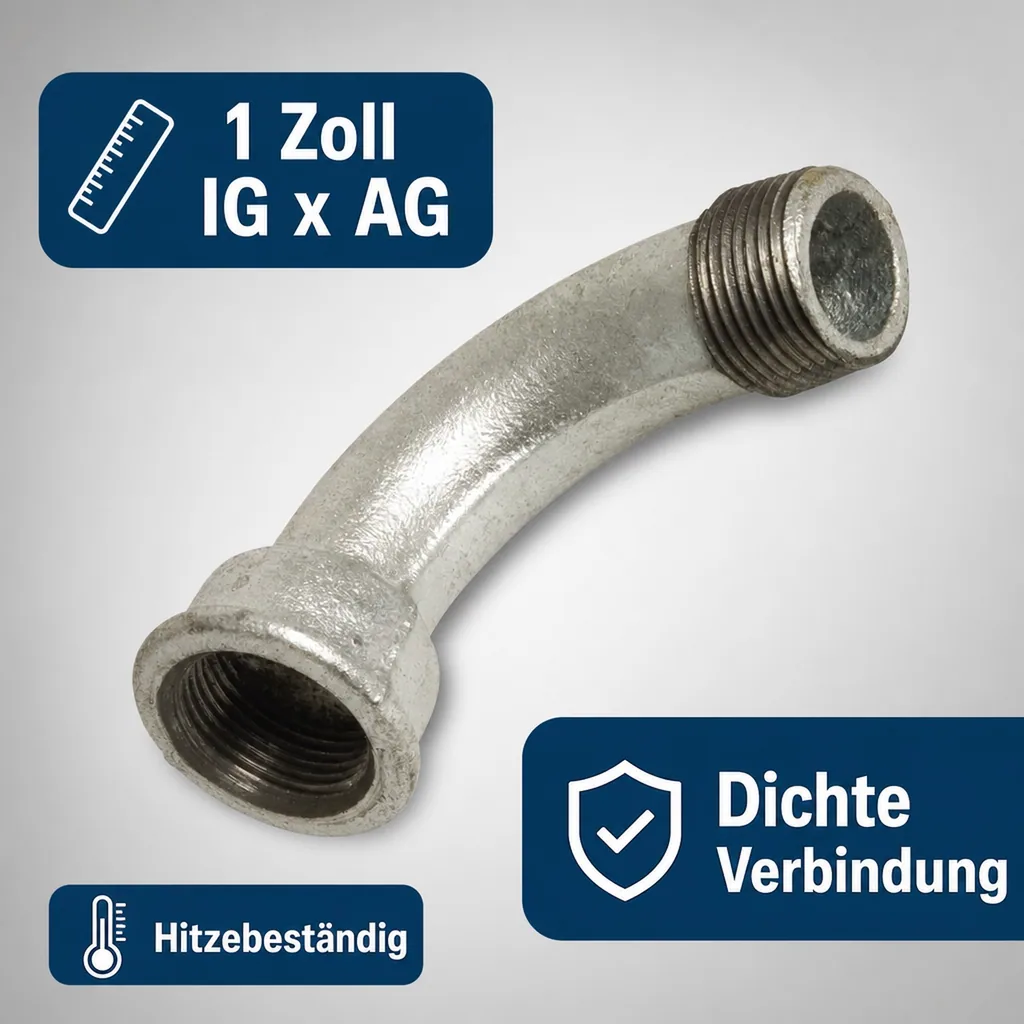 Gewindefitting, Temperguss Fitting Bogen 90°, 1 Zoll IG x 1 Zoll AG