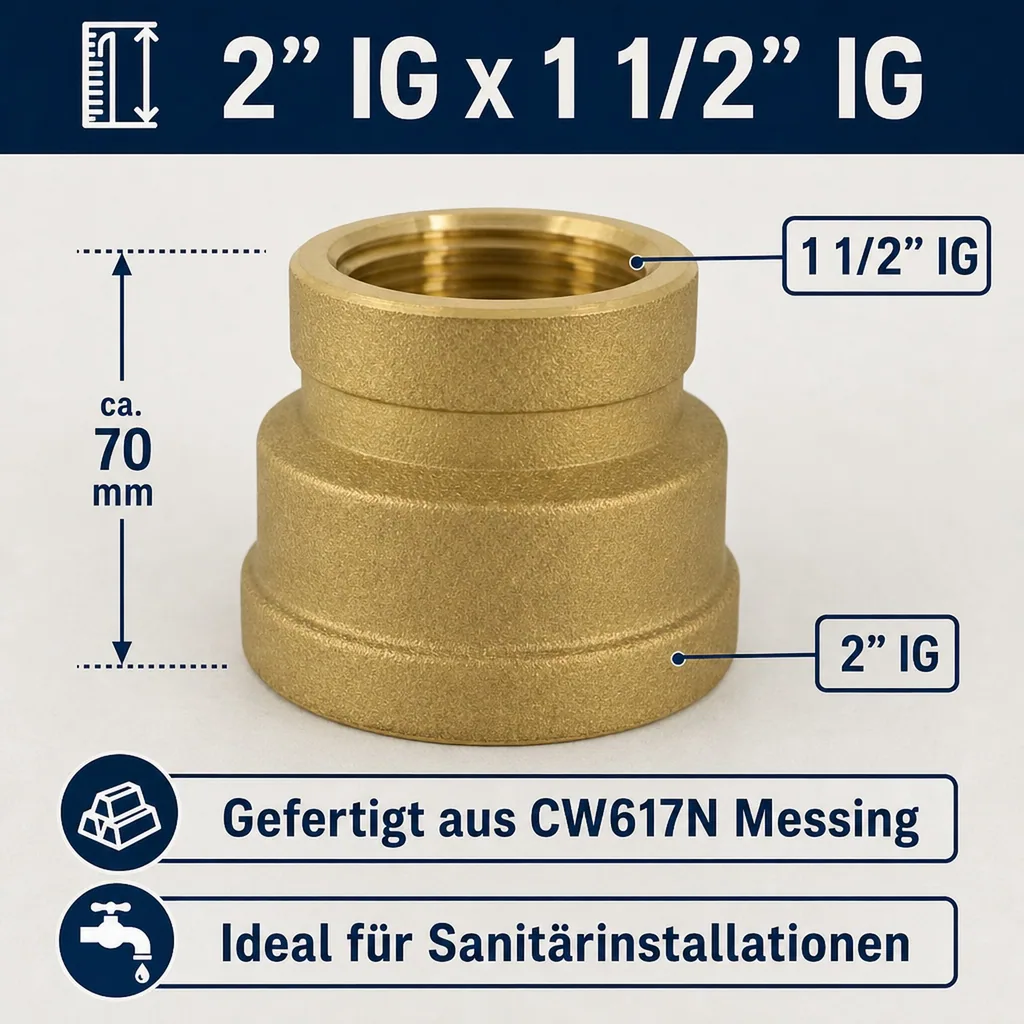 Messing Muffe reduziert, Gewindefitting 2" IG x 1 1/2" IG
