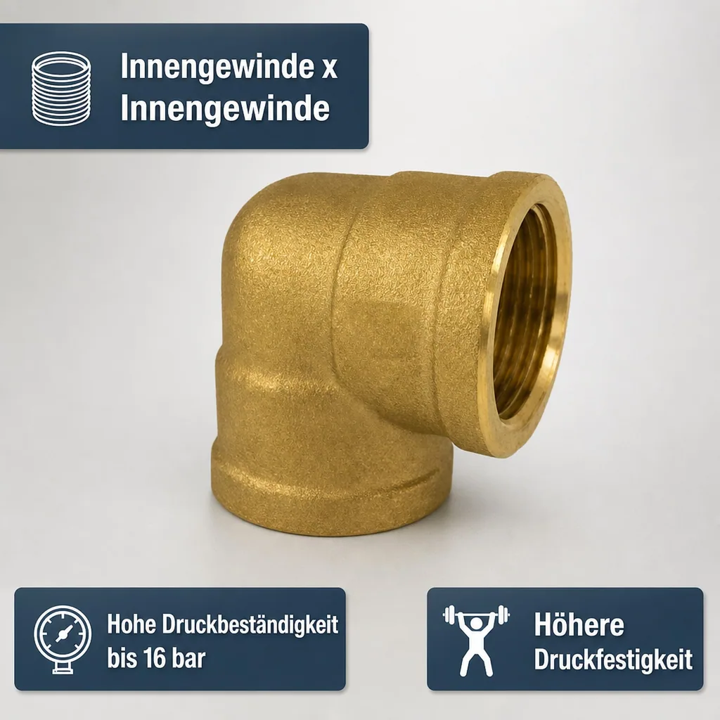 Messing Winkel 90 Grad, Gewindefitting, Winkel 1 Zoll Innengewinde
