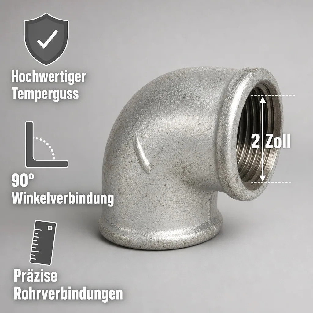 Gewindefitting 2 Zoll, Tempergussfitting, 90° Winkel, Innengewinde