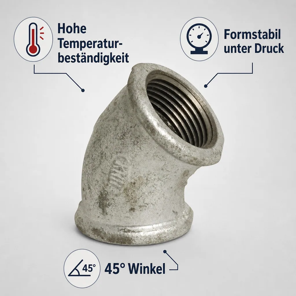 Tempergussfitting, Gewindefitting, Winkel 45°, 1 1/4" IG x 1 1/4" IG