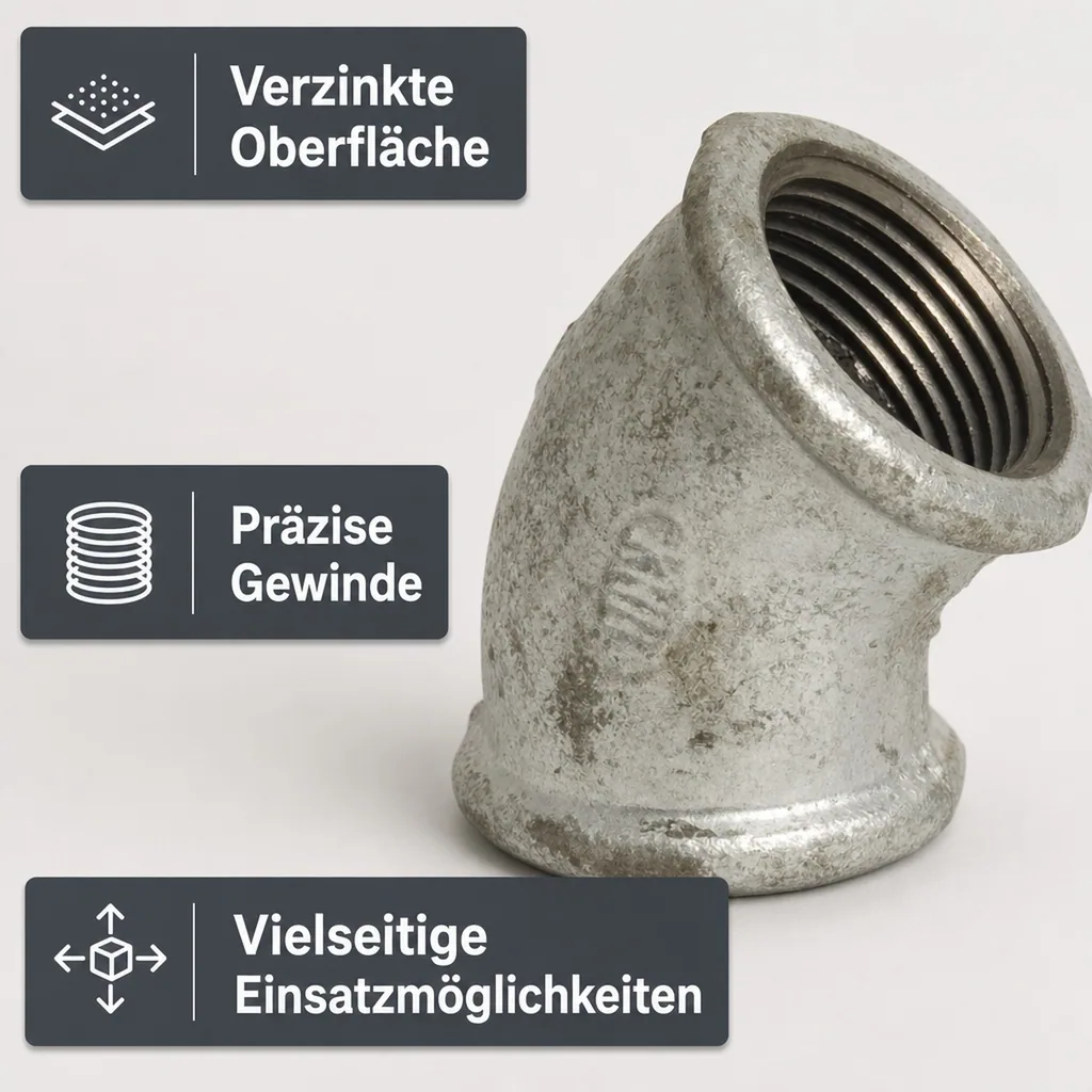 Tempergussfitting, Gewindefitting, Winkel 45°, 1 1/4" IG x 1 1/4" IG