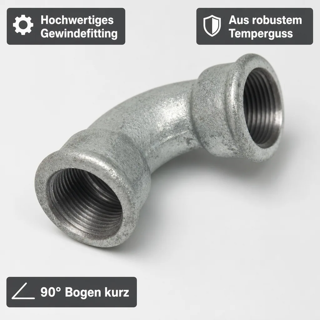 Gewindefitting, Tempergussfitting 1/2 Zoll, Bogen 90° kurz