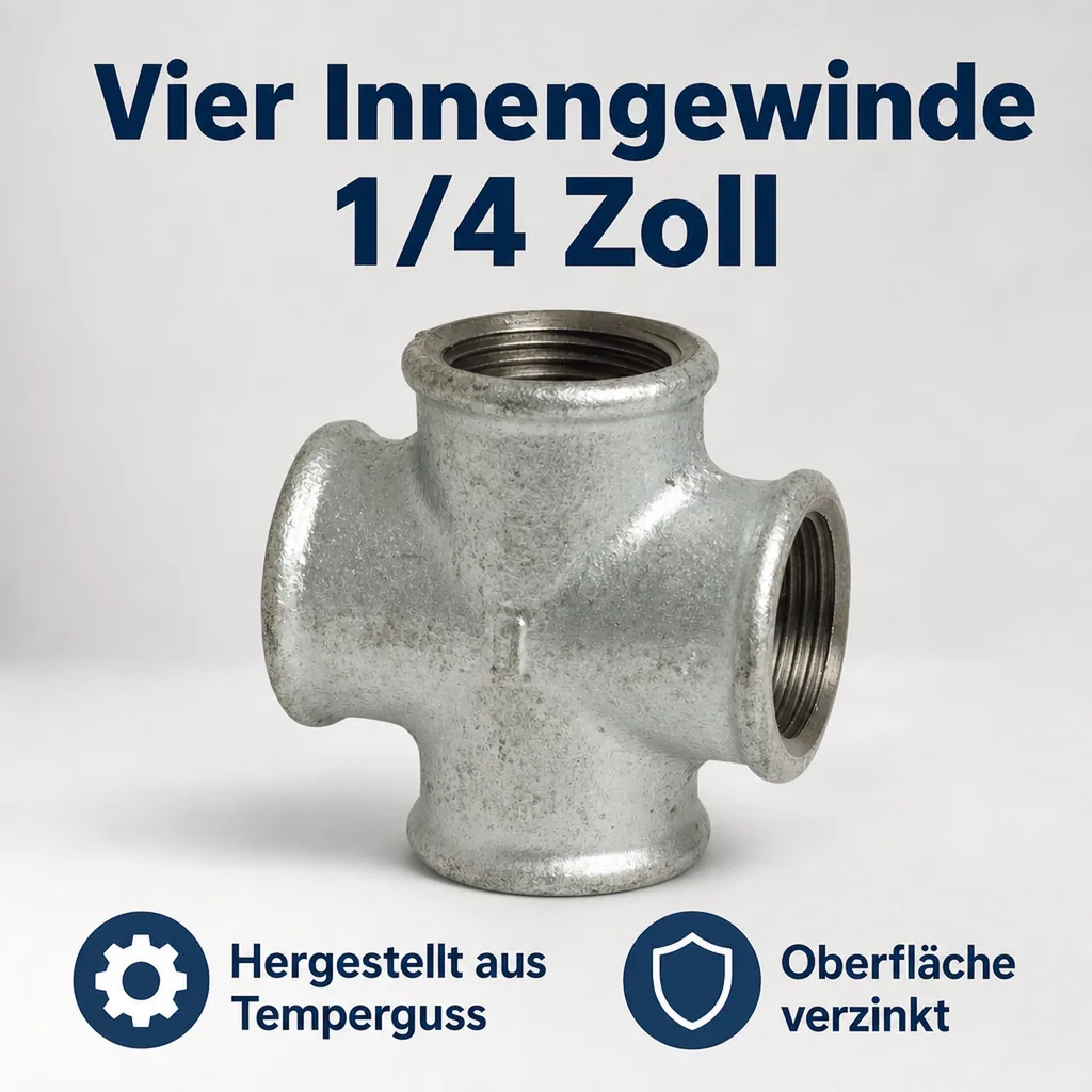 Gewindefitting Temperguss Kreuzstück 1/4" IG x 1/4" IG x 1/4" IG x 1/4" IG