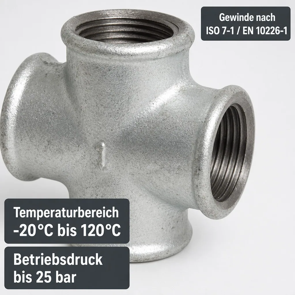 Gewindefitting Temperguss Kreuzstück 1/4" IG x 1/4" IG x 1/4" IG x 1/4" IG