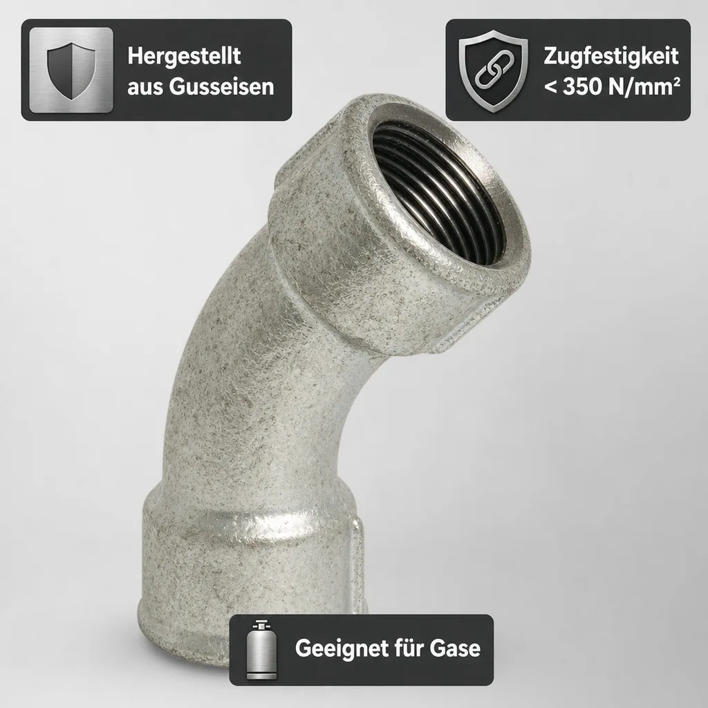Gewindefitting Temperguss Bogen 45° 1 1/4" IG x 1 1/4" IG