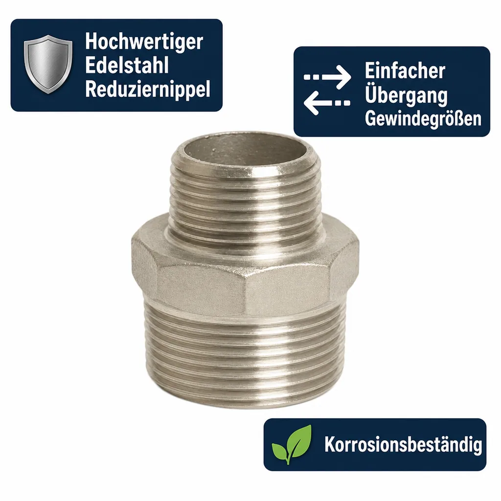 Edelstahlfitting, Gewindefitting Edelstahl, Reduziernippel Edelstahl 1 1/2 x 1 Zoll