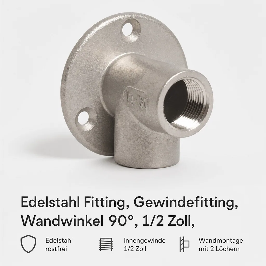 Edelstahl Fitting, Gewindefitting, Wandwinkel 90°, 1/2 Zoll, V2A