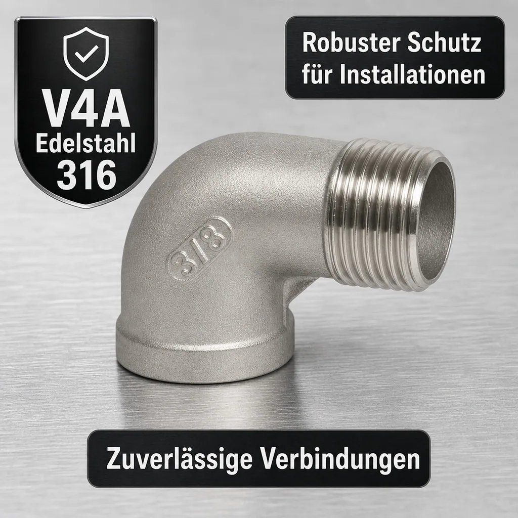 Edelstahl Winkel 90 Grad, Gewindefitting, 1 Zoll IG x AG, V4A Winkel