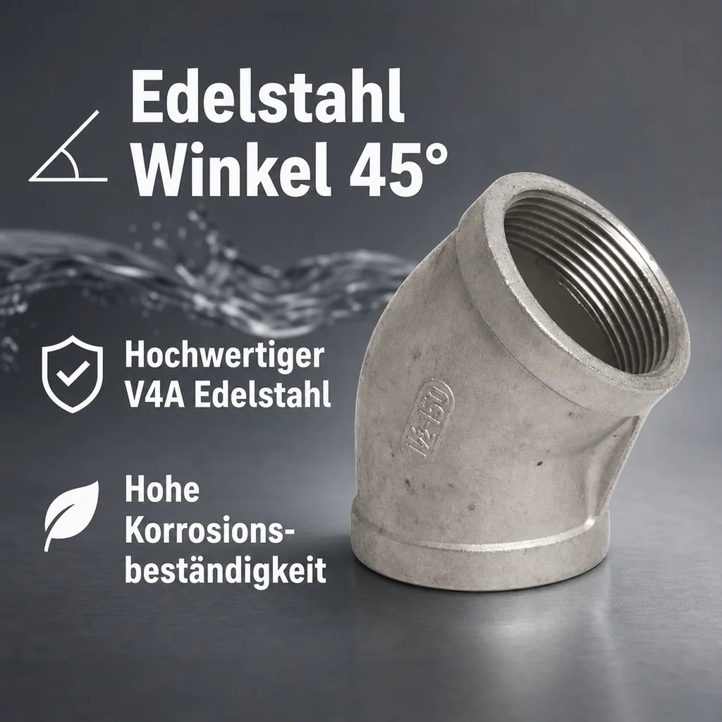 Edelstahl Winkel 45°, Gewindefitting, 1 1/2" IG, V4A Winkel