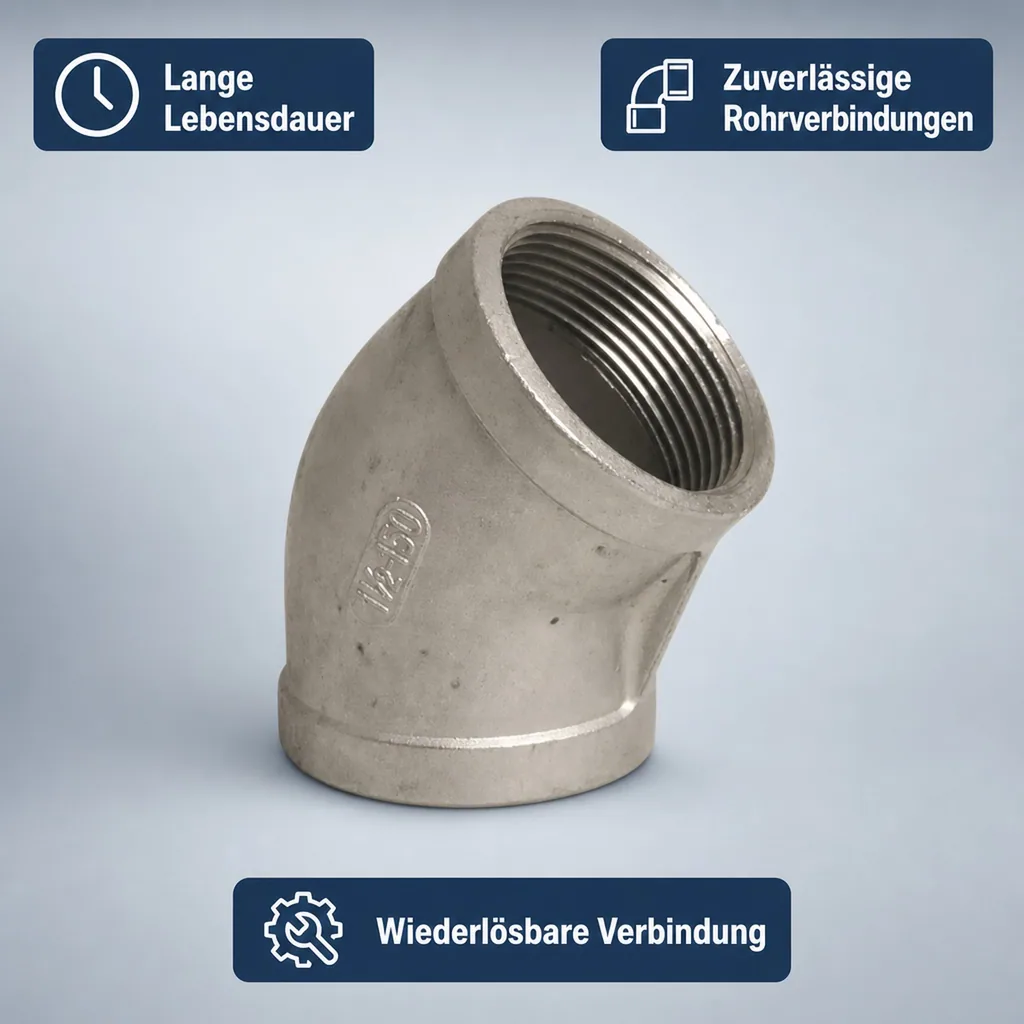 Edelstahl Winkel 45°, Gewindefitting, 1 1/2" IG, V4A Winkel