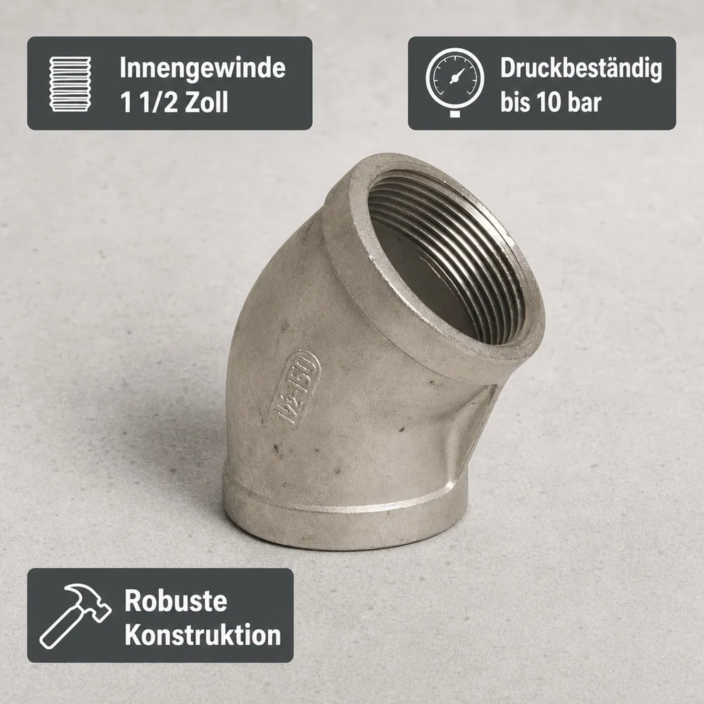 Edelstahl Winkel 45°, Gewindefitting, 1 1/2" IG, V4A Winkel