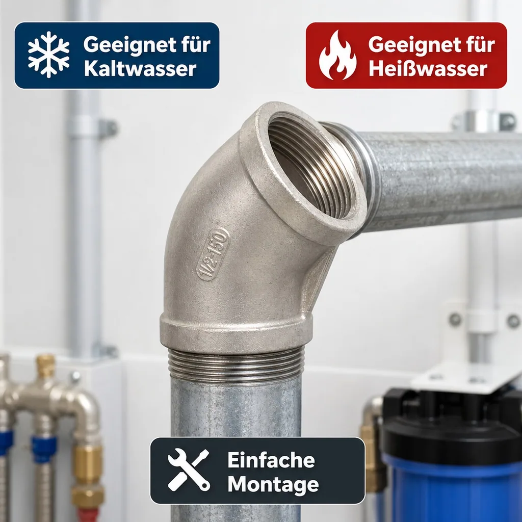 Edelstahl Winkel 45°, Gewindefitting, 1 1/2" IG, V4A Winkel