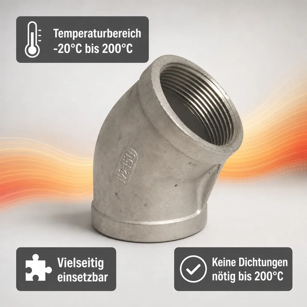 Edelstahl Winkel 45°, Gewindefitting, 1 1/2" IG, V4A Winkel