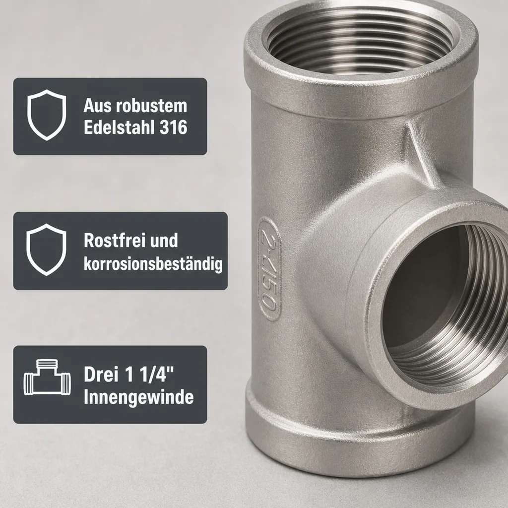 Gewindefitting Edelstahl T-Stück 90° 1 1/4" IG