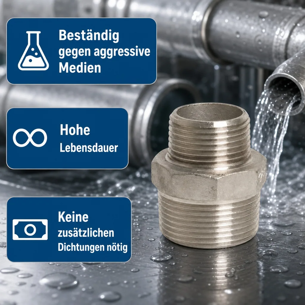 Edelstahl Reduziernippel, Gewindefitting 1" x 1/2"