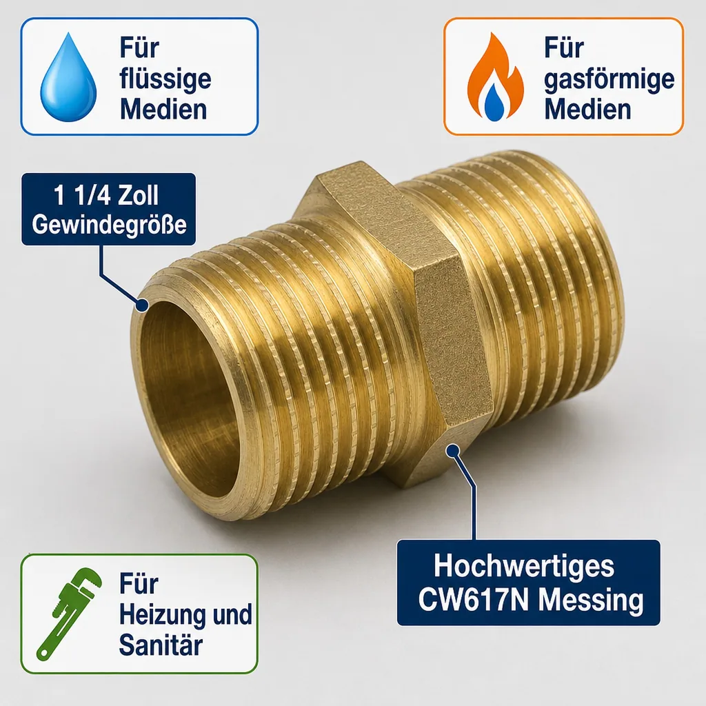 Doppelnippel Messing 1 1/4 Zoll, Gewindefitting, AG Gewinde, Messingfitting