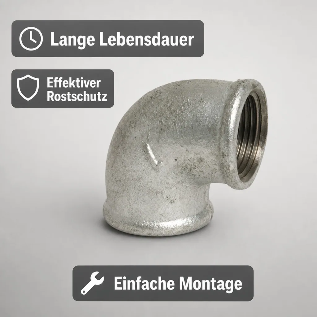 Gewindefitting Temperguss Winkel 90°, 3/8" IG x 3/8" IG, Tempergussfitting verzinkt