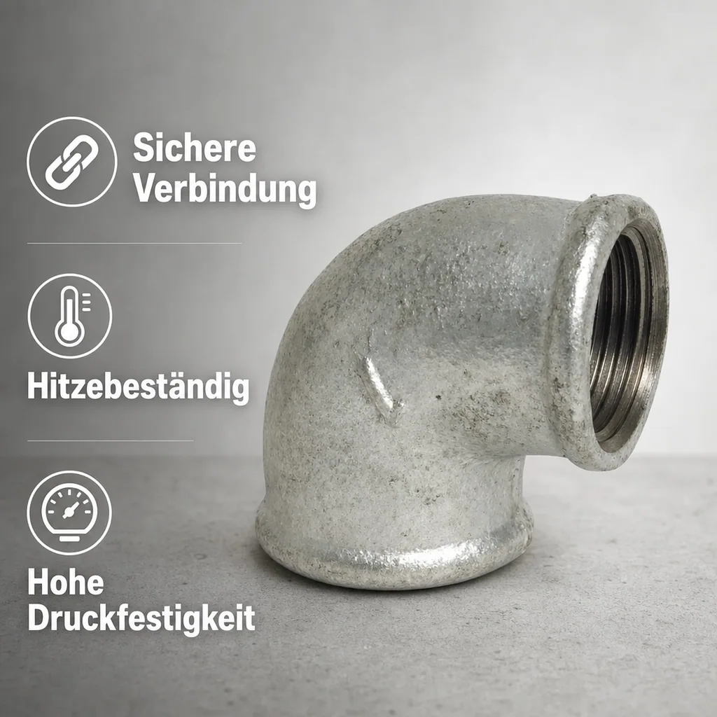 Gewindefitting Temperguss Winkel 90°, 3/8" IG x 3/8" IG, Tempergussfitting verzinkt