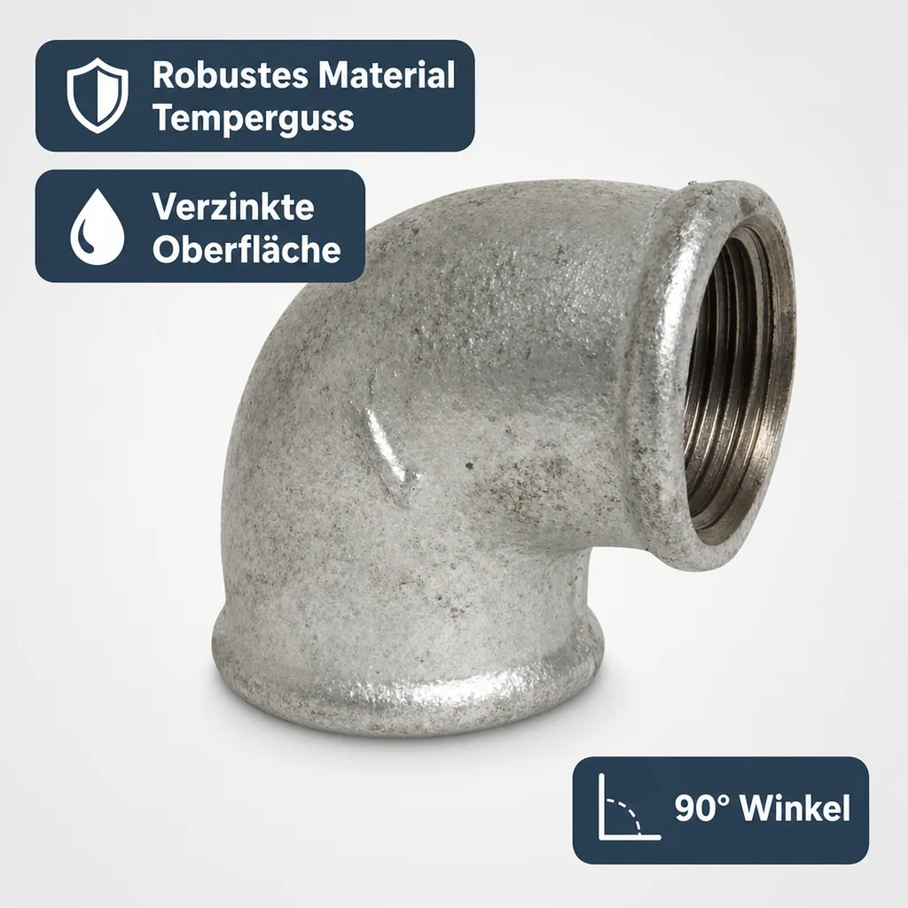 Gewindefitting Temperguss Winkel 90°, 3/8" IG x 3/8" IG, Tempergussfitting verzinkt