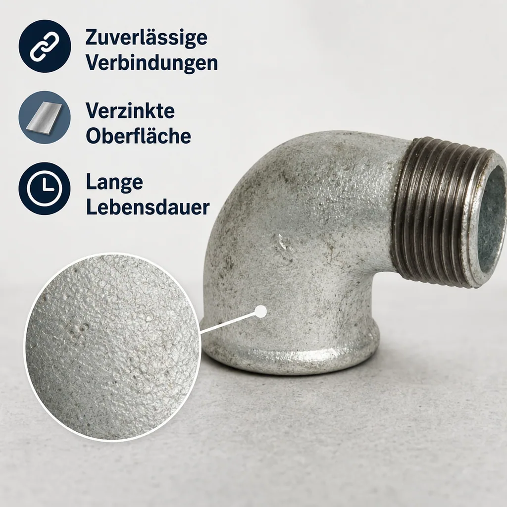 Tempergussfitting, Gewindefitting 3/8 Zoll, Winkel 90 Grad