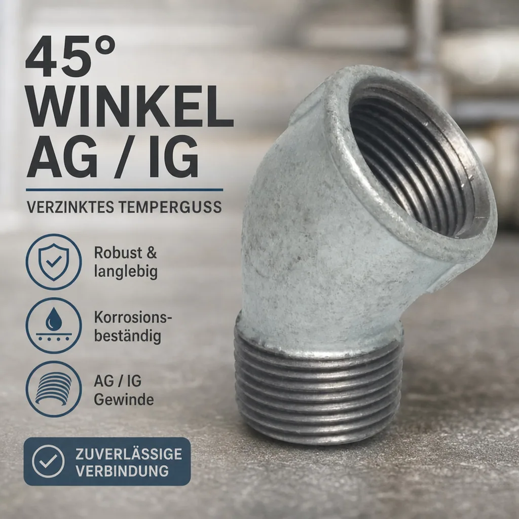 Gewindefitting, Temperguss, Winkel 45 Grad, 1 1/4 Zoll IG x AG