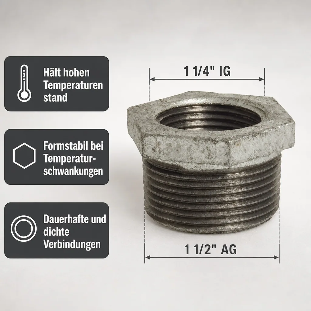 Tempergussfitting, Gewindefitting Temperguss, Reduzierstück 1 1/2" AG x 1 1/4" IG